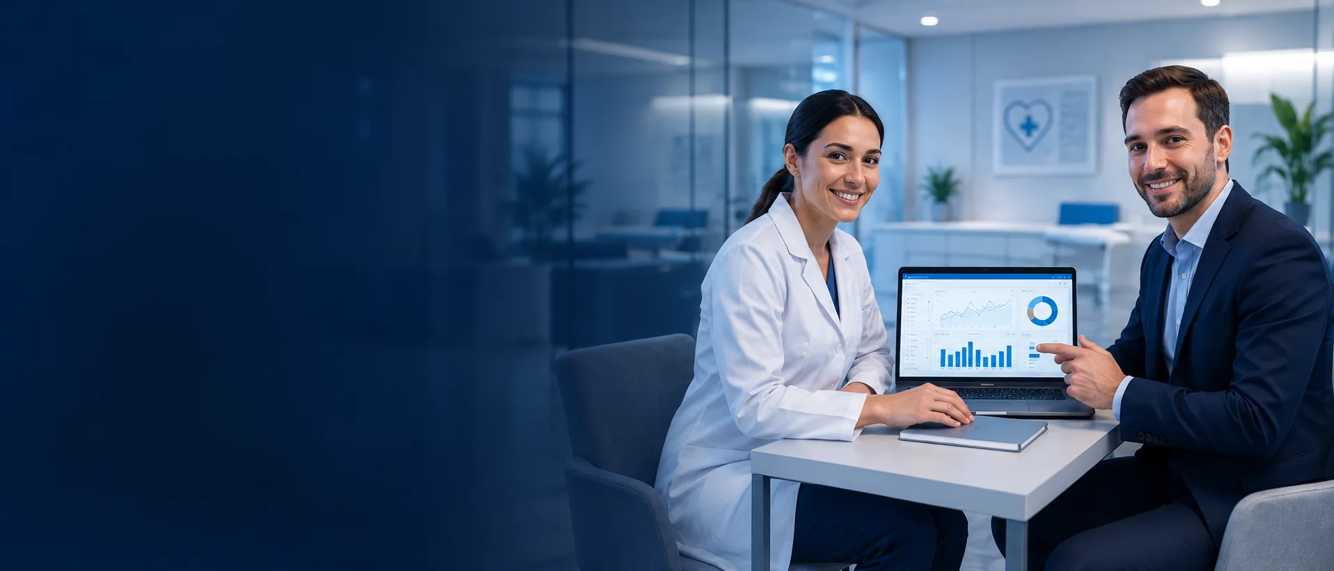 Profissional de saúde de jaleco e consultor analisando um painel de resultados num notebook