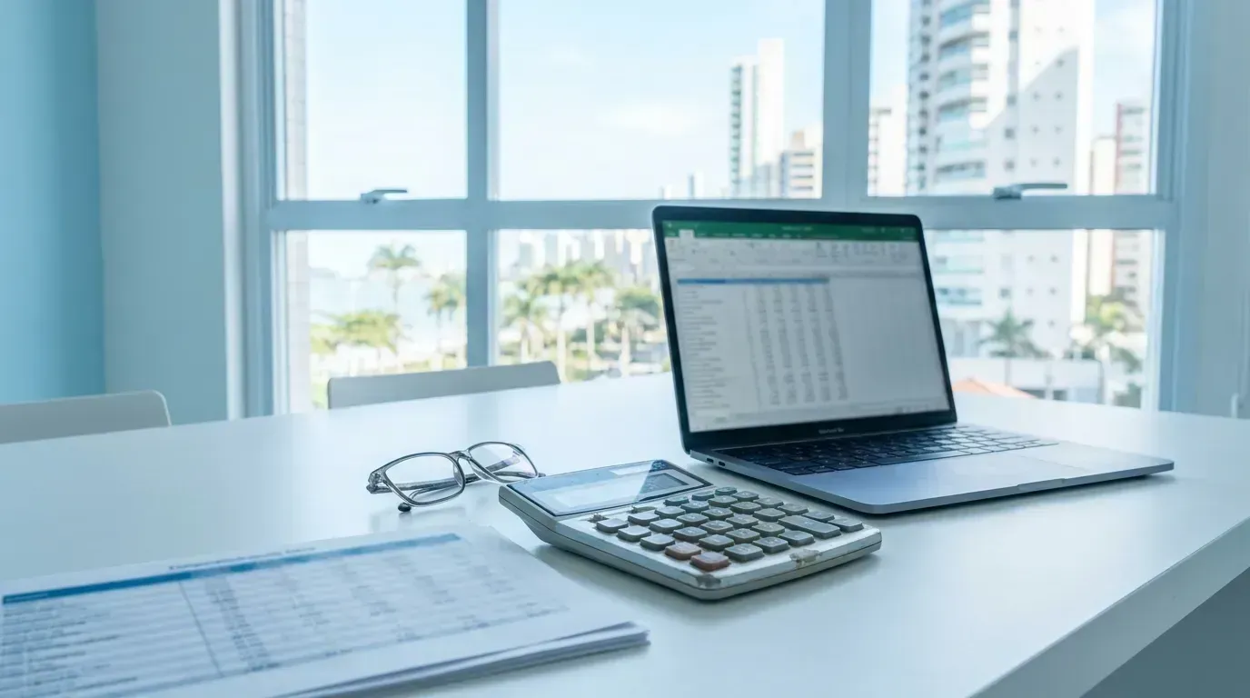 Mesa com calculadora, relatórios impressos e notebook aberto em uma planilha de apuração