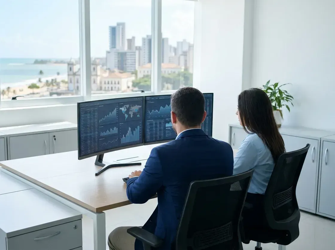 Dois profissionais trabalhando em frente aos monitores, no escritório